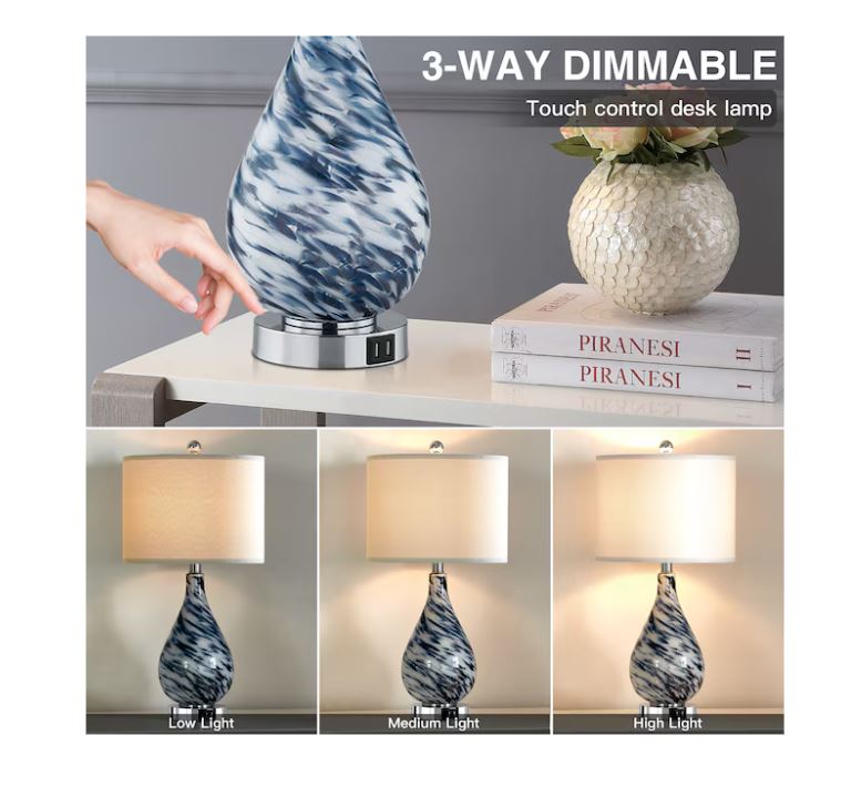 (Brand New) 24-in Blue Glass LED Touch Table Lamp | Linen Shade | TD-136