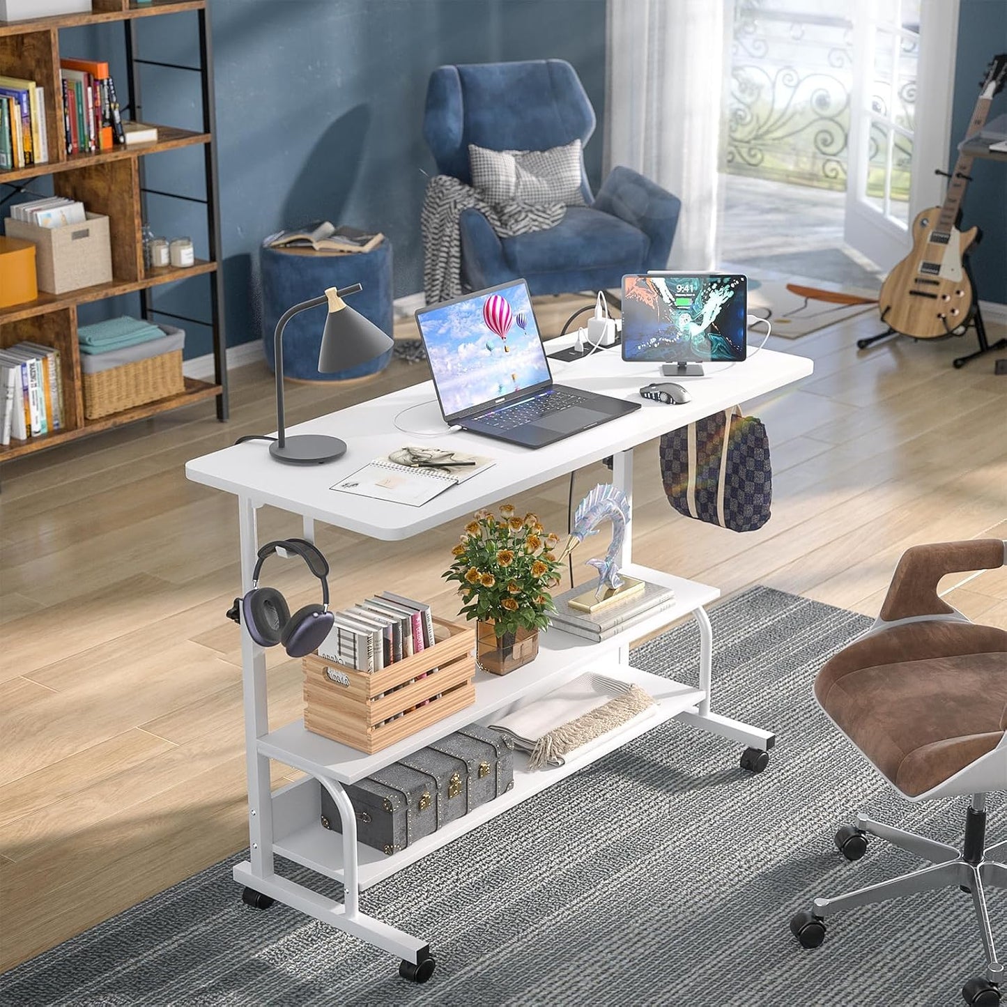 (New Open Box)   Cyclysio 39" Adjustable Height Standing Desk | White • Charging Station • Rolling Mobile Desk • Storage