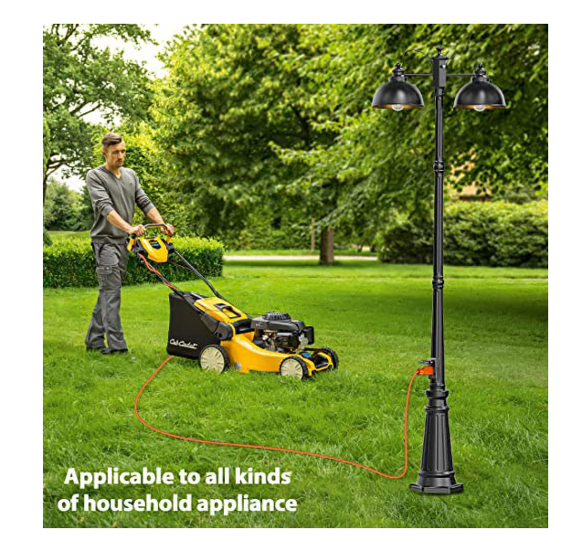 (New Open Box)  APOTO Double-Head Outdoor Lamp Post Light | Dusk to Dawn • GFCI Outlet • Black Aluminum