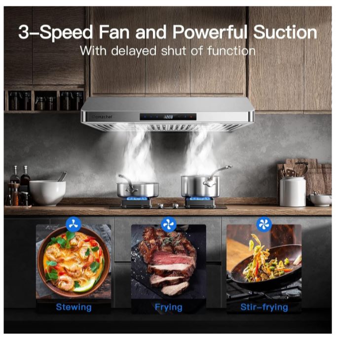 (New Open Box) AMZCHEF 30" Under Cabinet 430 Steel 700CFM Hood with Smart Touch/Remote, 3-Speed, Timer, LED Lighting & Dishwasher Filters