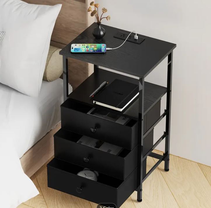 (New Open Box) TZWAKED End Table with Charging Station, 3-Drawer Bedside Table with (TNS013-1BK)
