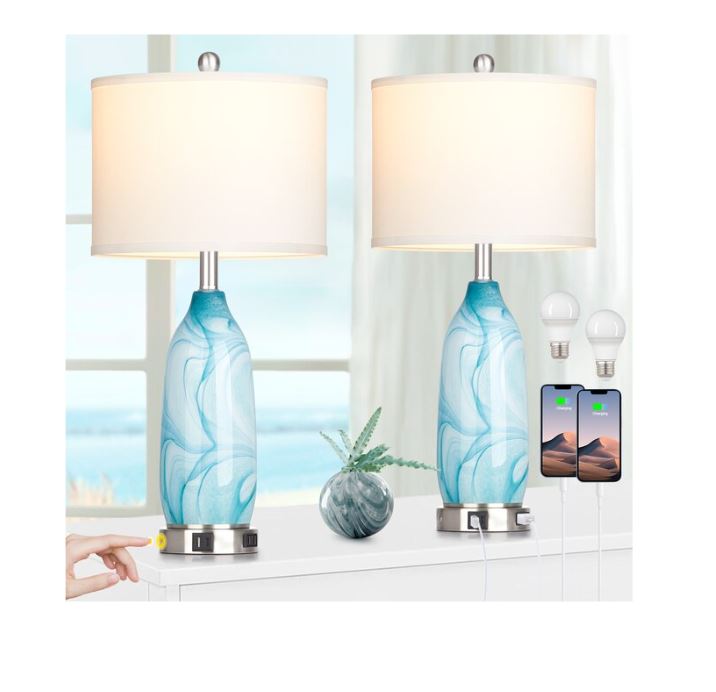 (Brand New) 26-in Ocean Blue LED Rotary Socket Table Lamp Set of 2 | Linen Shade | TD-336