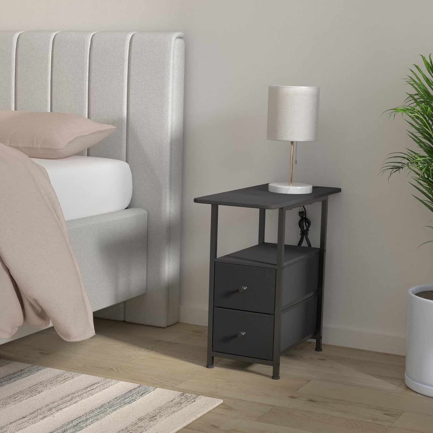 (New Open Box) AMHANCIBLE Narrow Nightstand with Charging Station, Slim End Side Table with USB Ports, HETN012BK-1