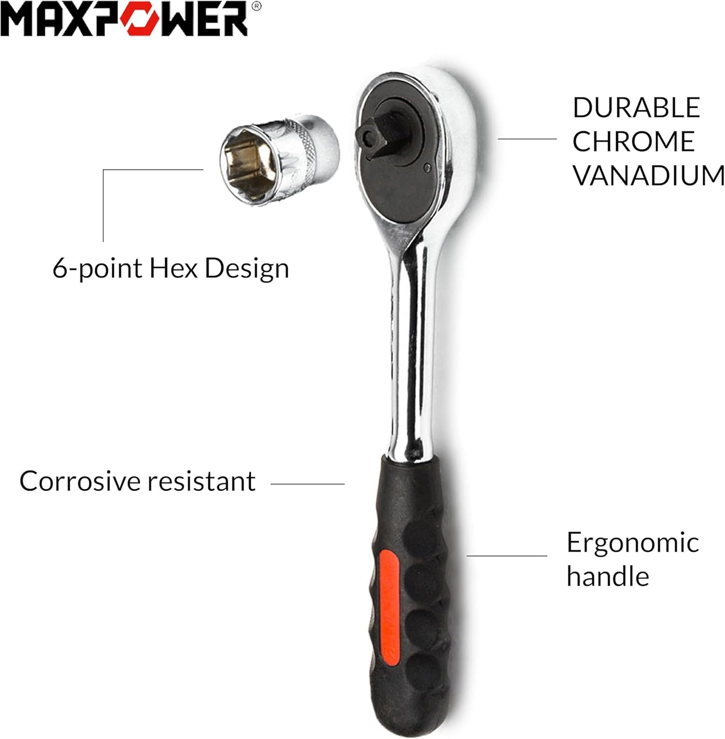 (New Open Box) MAXPOWER 42-Piece 1/4" & 3/8" Dr. Socket Wrench Set - Metric + SAE - with Included Sockets, Ratchet Handle, Extension Bars, Universal Joint, Adapter, Spinner Handle, and Carrying Case