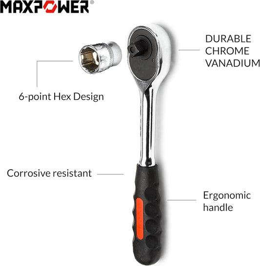 (New Open Box) MAXPOWER 42-Piece 1/4" & 3/8" Dr. Socket Wrench Set - Metric + SAE - with Included Sockets, Ratchet Handle, Extension Bars, Universal Joint, Adapter, Spinner Handle, and Carrying Case