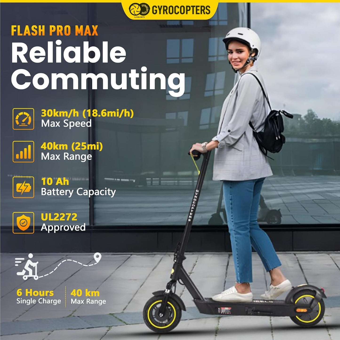 (Excellent) Gyrocopters Flash Pro Max Portable Electric Scooter for Adults Speed 30km/h Long Range up to 40 Kms with 500W Powerful Brushless Motor, Solid 10” Tires, Suspension | App-Enabled E Scooter