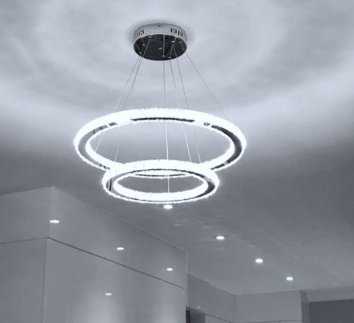 Modern LED Crystal Chandelier Light Fixtures 2 Ring Round Pendant Lighting Stainless Steel Chrome