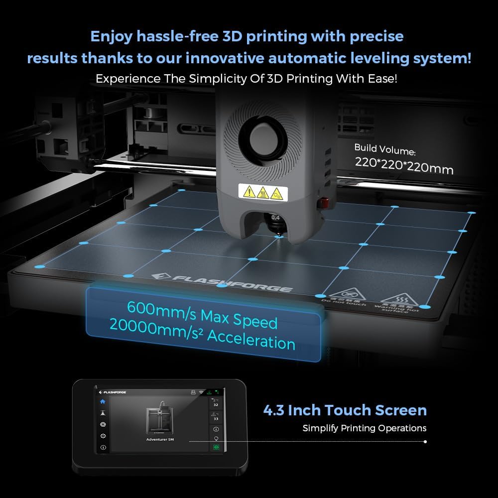 (Excellent) FLASHFORGE Adventurer 5M 3D Printer, 600mm/s High-Speed, 1 Click Fully Auto Leveling, Upgraded Direct extruder Quick Detachable 280°C Nozzle, Dual-Sided PEI Coating Plate, Print Size 220x220x220mm