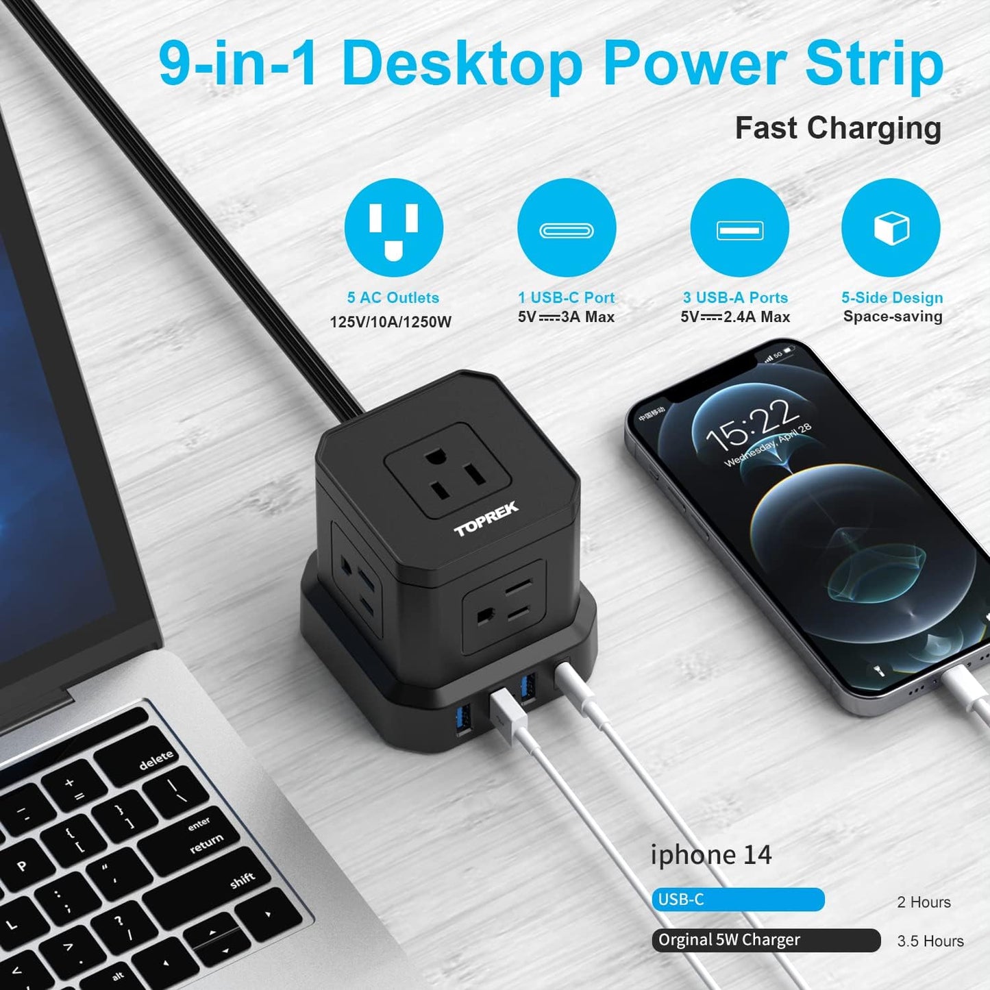 (New) TOPREK Power Strip with USB, USB C (3.0A) Power Strip with 5 Outlets