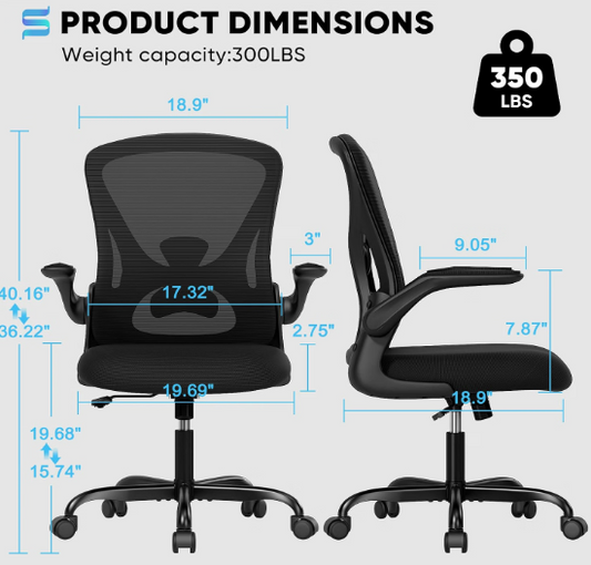 (New Open Box) Sytas Office Chair, Ergonomic Desk Chair with Lumbar Support, Adjustable Height & Flip-Up Armrests, Mesh Computer Chair, Comfy Swivel Chair for Home Office and Guitar Playing, 300 Lbs (Modern, Black)