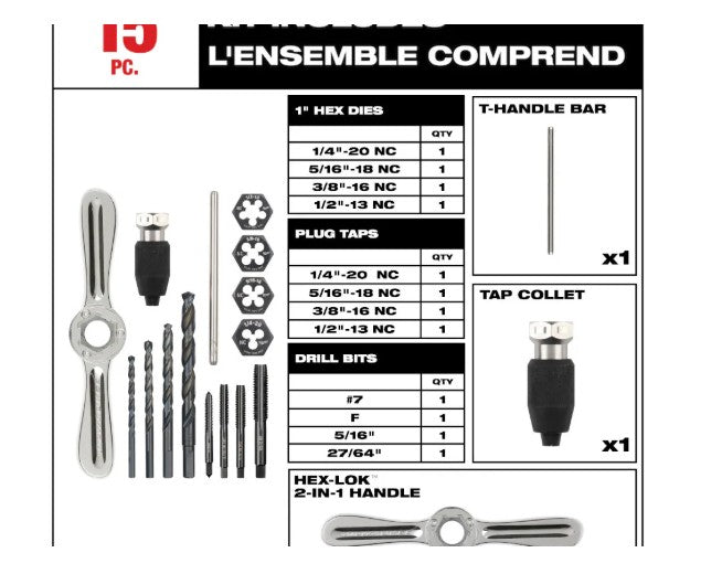 (Brand New) Milwaukee Tool SAE Tap and Die Set with HEX-LOK 2-in-1 Handle (15-Piece)
