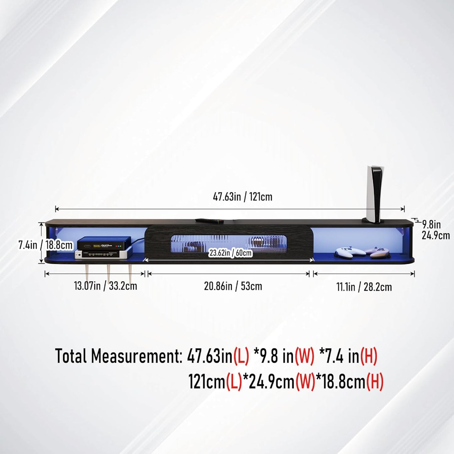 (New Open Box) Bixiaomei Floating TV Stand with LED Lights, 47'' Solid Wood Wall Mounted TV Cabinet with Glass Door, Mid-Century Entertainment Media Console Center Large Storage Shelf Under TV (47.24IN, Black)
