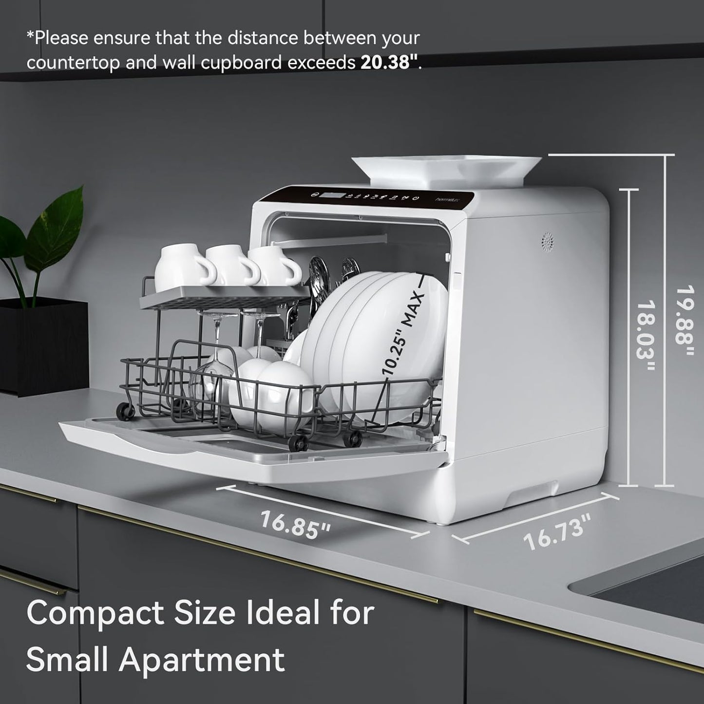 (New Open Box) Hermitlux Countertop Dishwasher – 5 Programs, Built-In Water Tank