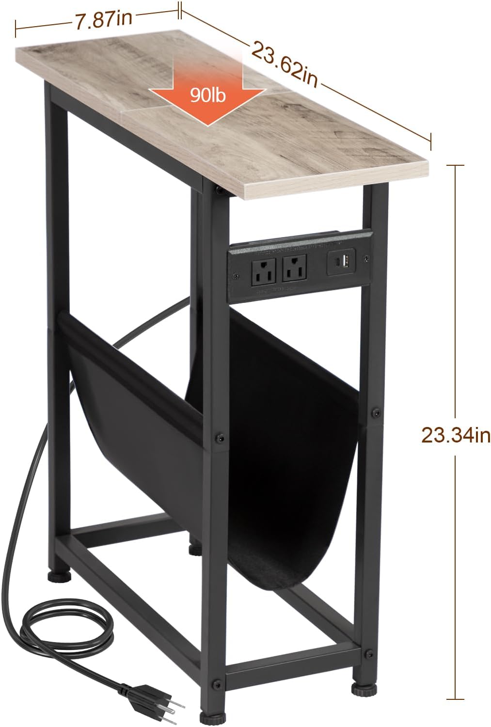 (New Open Box) Narrow Side Table Set of 2, Slim End Table with Charging Station with Magazine Holder HETN02PGY