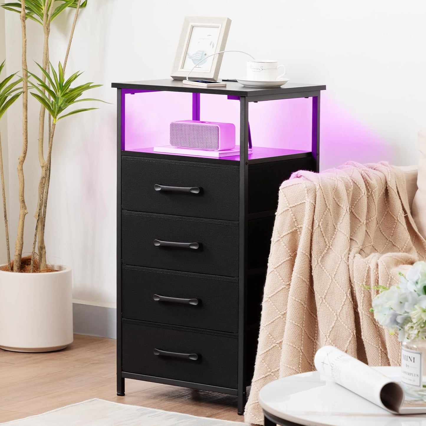 (New Open Box) LOAKEKEL Night Stand Set 2, LED Nightstand with Charging Station, HNS014BK (DS0061)