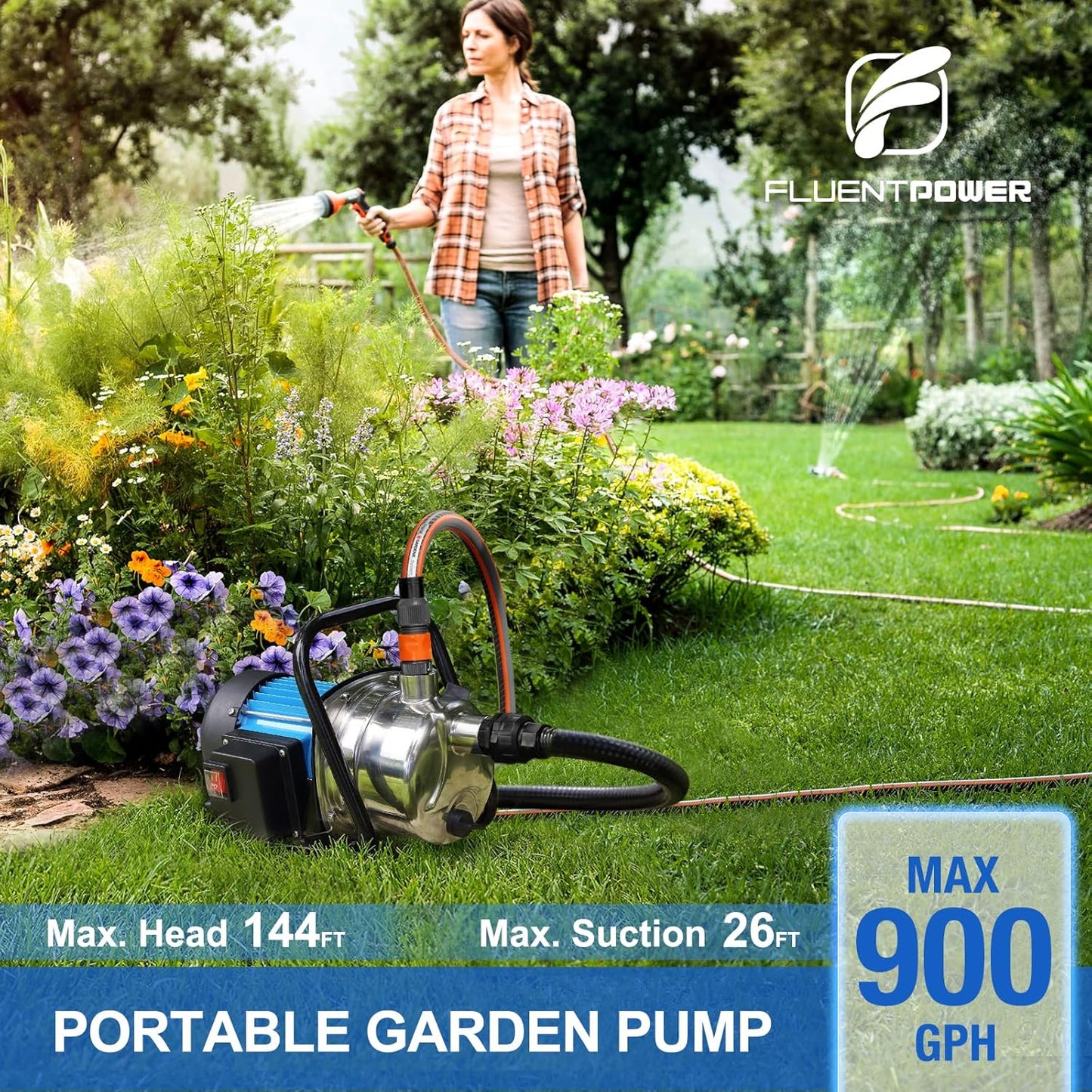 (Excellent) FLUENTPOWER 1HP Portable Garden Transfer Pump, 900GPH Electric Sprinkler Booster Pump, Shallow Well Jet Pump for Home Lawn Irrigation and Water Draining