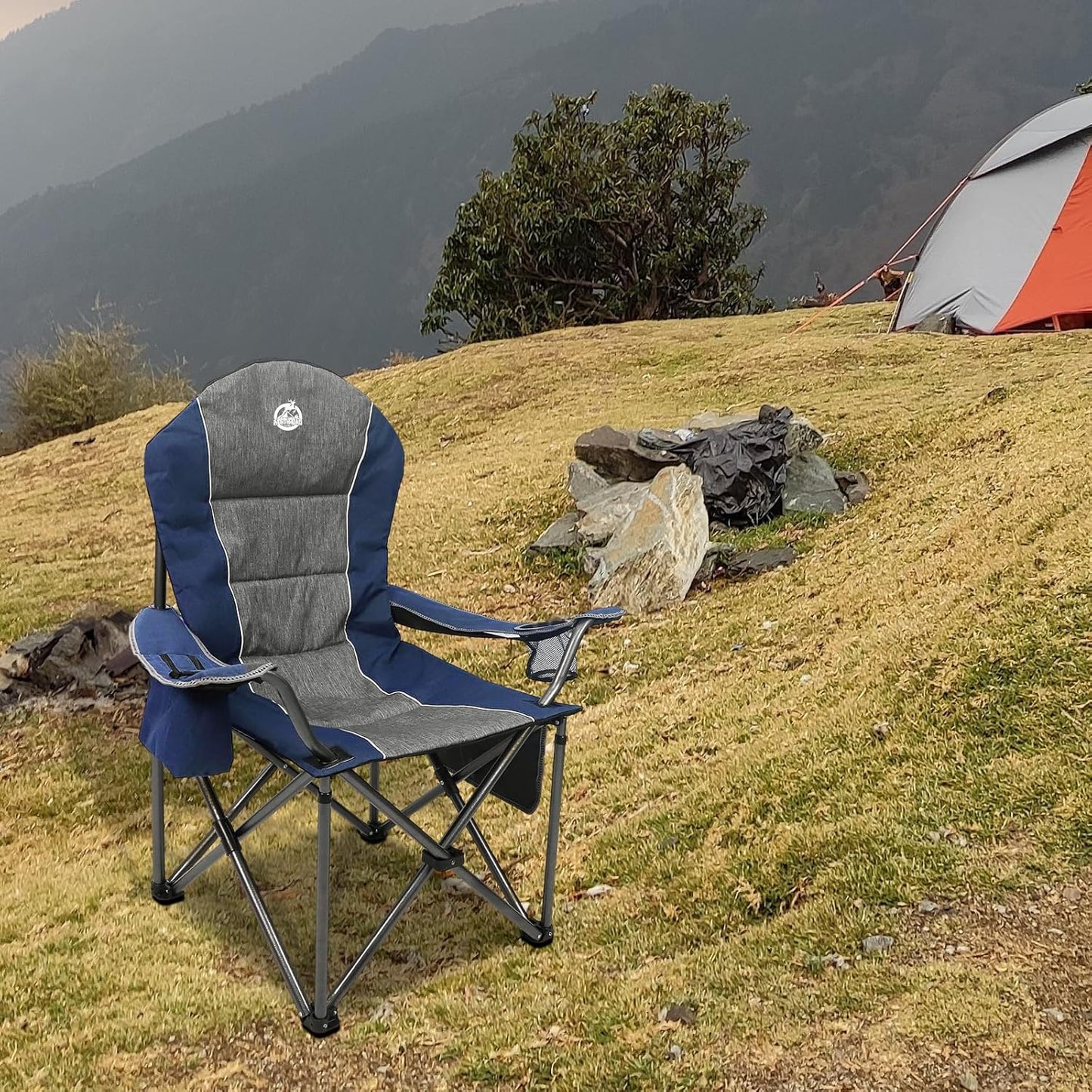 (Excellent) Northroad Extra - Large Comfort Camping Chair, Padded Folding Chair w/Cup Holder, Cooler Bag (Blue)