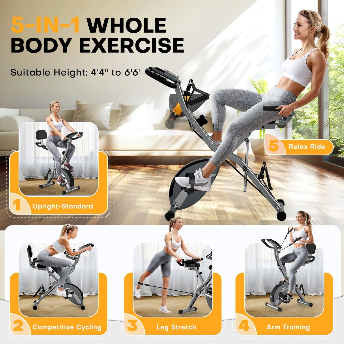 (New Open Box) MOSUNY 5-in-1 Folding Exercise Bike | 350 LBS • 16-Level Magnetic Resistance • Super-Silent