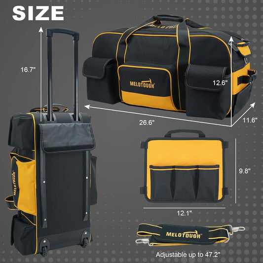 (New Open Box) MELOTOUGH Rolling Tool Bag with Wheels,Large Capacity Tool Bag Organizer with Concealed Telescoping Handle for Electrician,Construction,HVAC,Technician (Yellow/Black)
