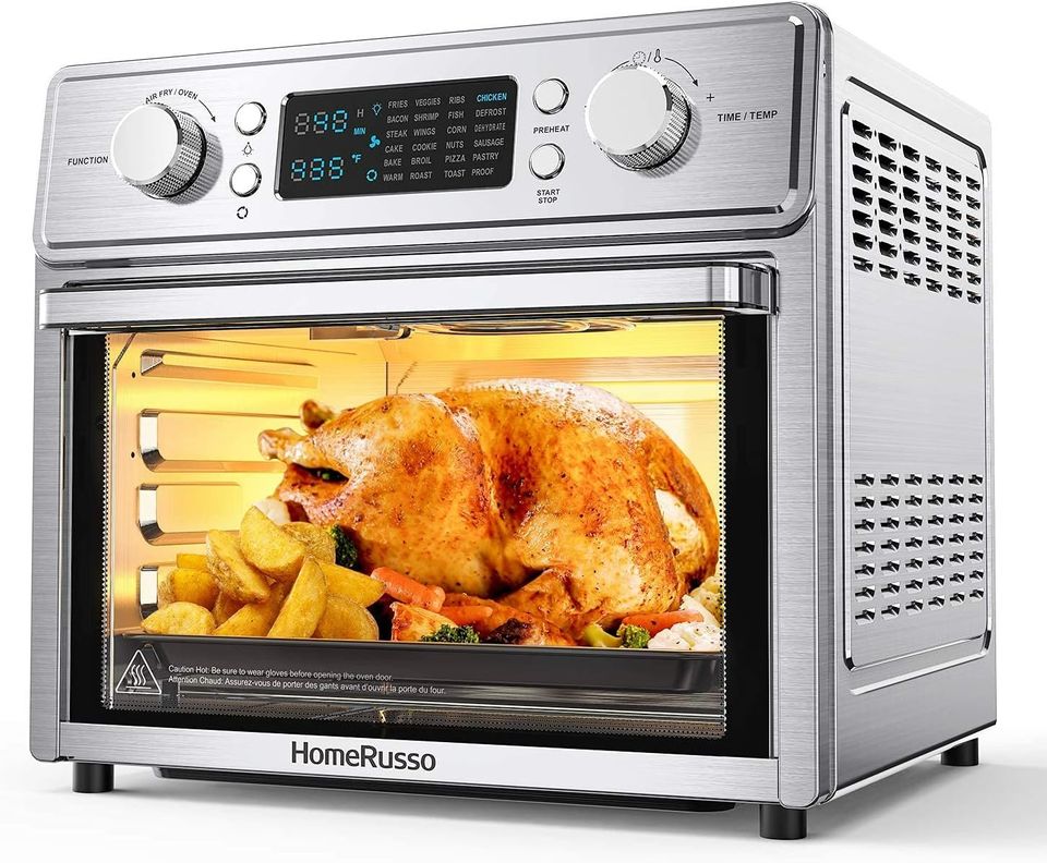 HomeRusso 24-in-1 Air Fryer Oven, 26.3 Quart Large Convection Toaster Oven Countertop Stainless Steel with Rotisserie and Food Dehydrator