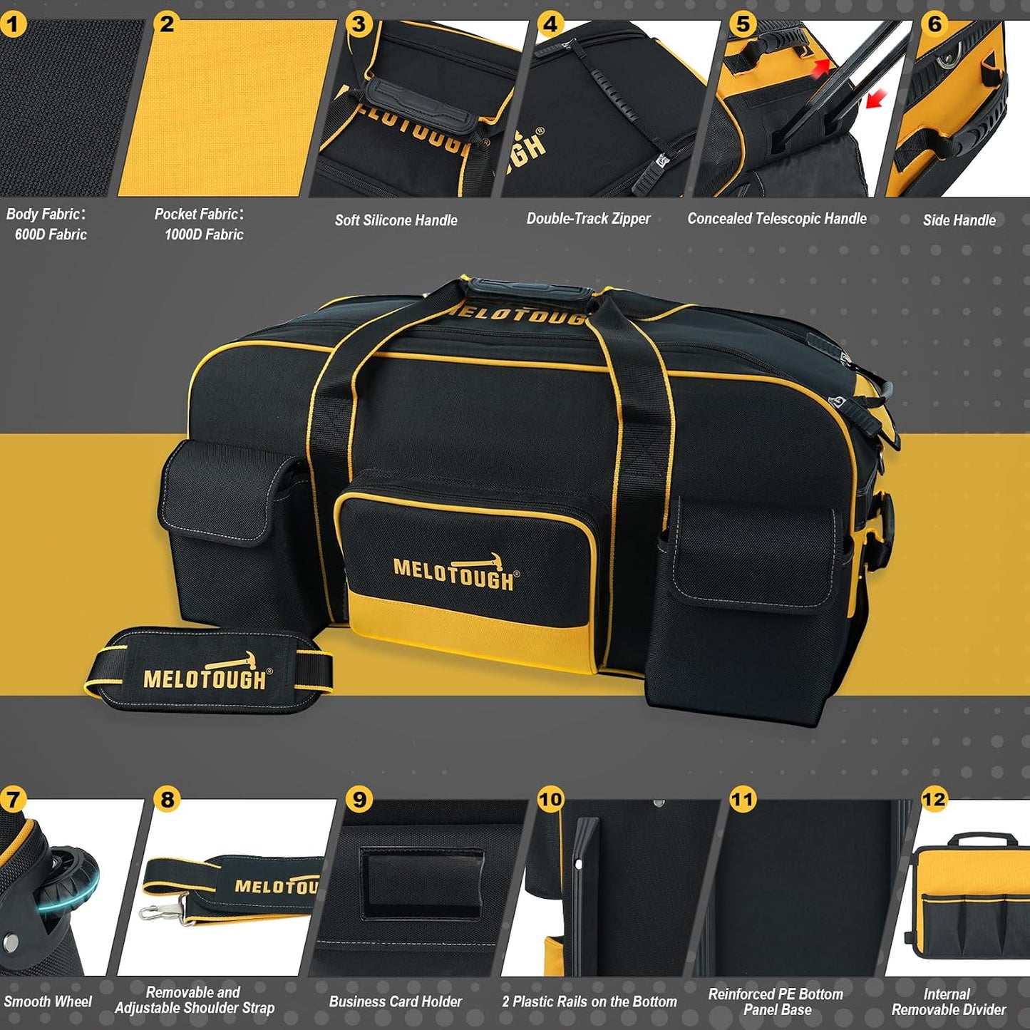 (New Open Box) MELOTOUGH Rolling Tool Bag with Wheels,Large Capacity Tool Bag Organizer with Concealed Telescoping Handle for Electrician,Construction,HVAC,Technician (Yellow/Black)