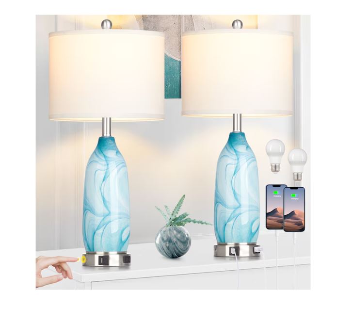 (Brand New) 26-in Ocean Blue LED Rotary Socket Table Lamp Set of 2 | Linen Shade | TD-336