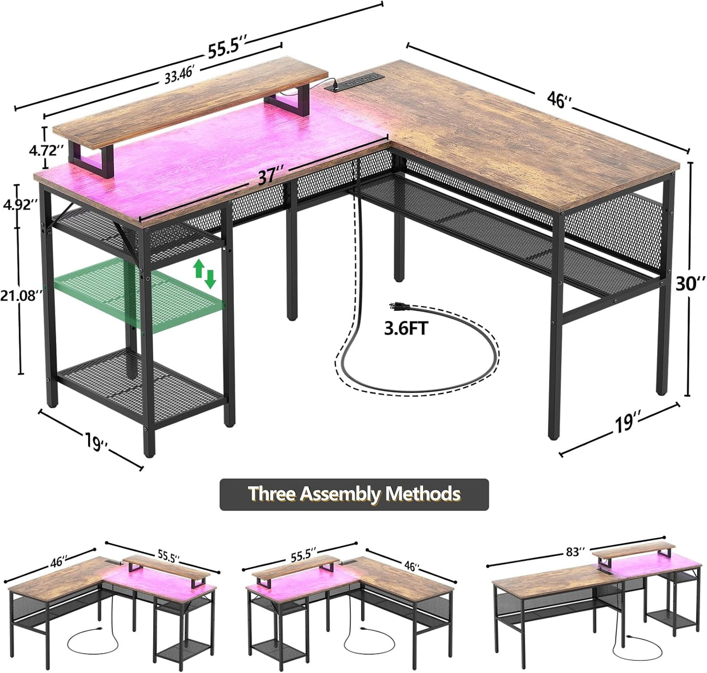 (New Open Box) Cyclysio L Shaped Gaming Desk with LED Lights, 55'' Computer Desk with Power Outlet, Reversible Corner Desk with Open Storage Shelves, Office Desk with Monitor Stand, Home Office, Workstation, Rustic