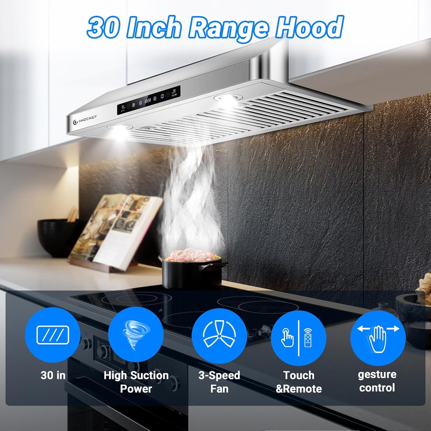 (New Open Box) AMZCHEF (LF0176C1) Under Cabinet Range Hood 30 Inch, 700CFM Stainless Steel Kitchen Stove Vent Hood 3 Speed Exhaust Fan Touch/Remote Control LED lights Time Setting Dishwasher-Safe Baffle Filters