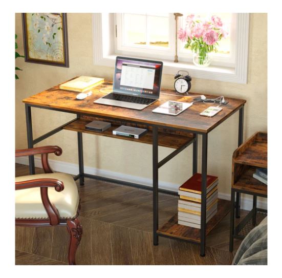 (New Open Box) Rolanstar Metal Frame Computer Desk with Power Outlets and Storage Shelf 55 Inch