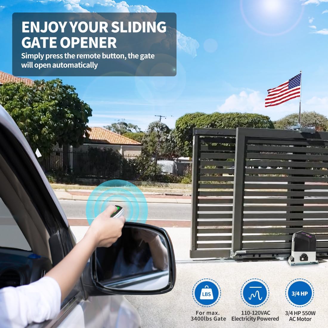 (New Open Box) TOPENS RK1200T Automatic Sliding Gate Opener Rack Drive Electric Gate Motor for Heavy Driveway Slide Gates Up to 3400 Pounds, Security Gate Operator AC Powered with Nylon Gear Rack and Remote Control