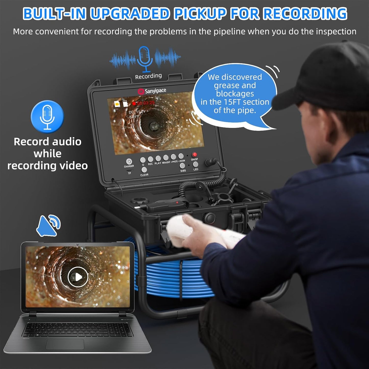 (New Open Box) Sanyipace Drain Camera 100FT/30M, 23mm/0.9in FHD Sewer Inspection Camera, 5X Zoom, Distance Counter, 9" IPS Screen, DVR & Voice Recorder, 16GB Card, for Sewer Line, Pipe, Duct, Plumbing, Plumber, Home