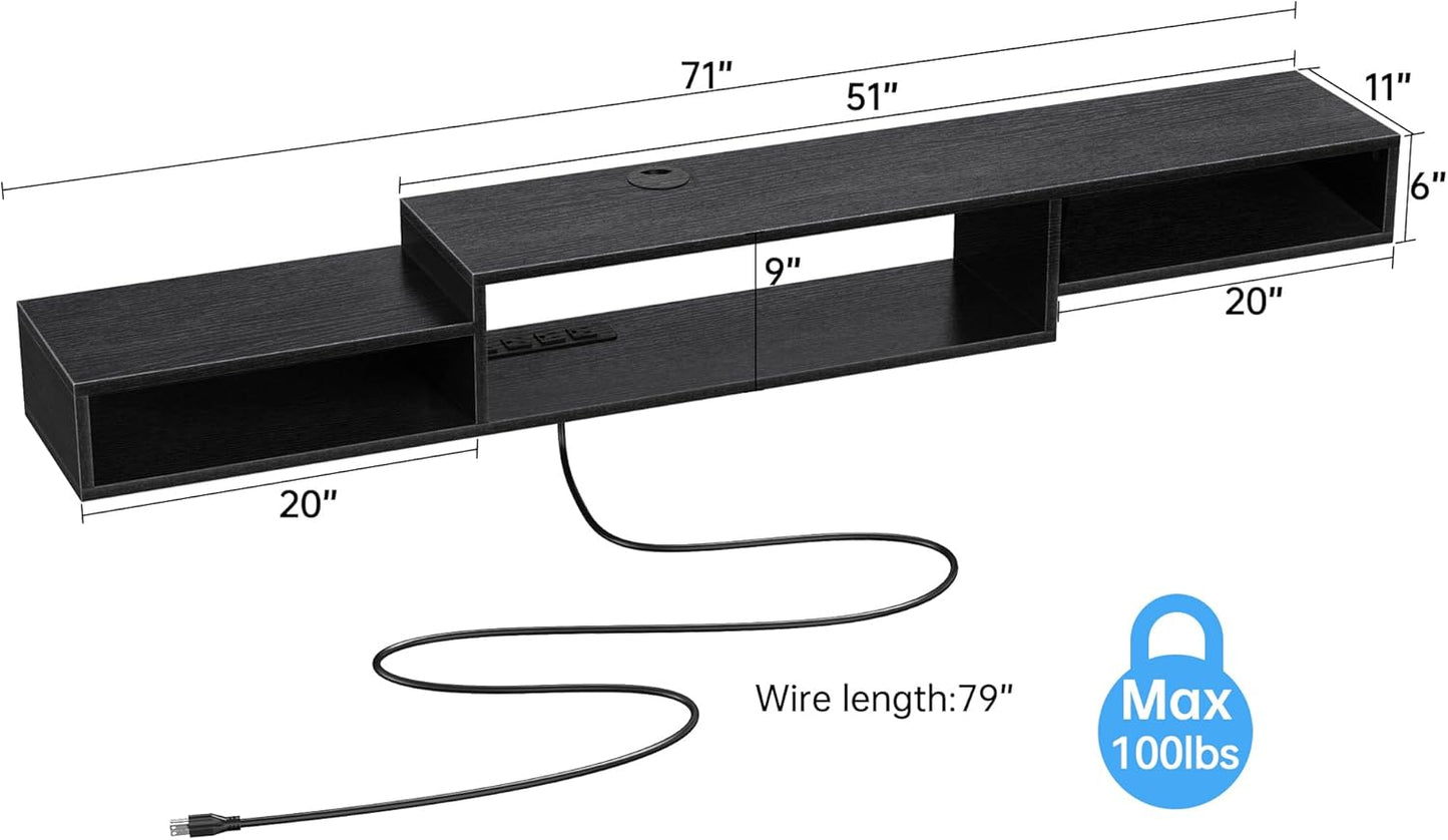 (New Open Box) FABATO 71" Floating TV Stand with Power Outlet Wall Mounted Media Console Cabinet Shelf Under TV for Cable Box Audio Video Black