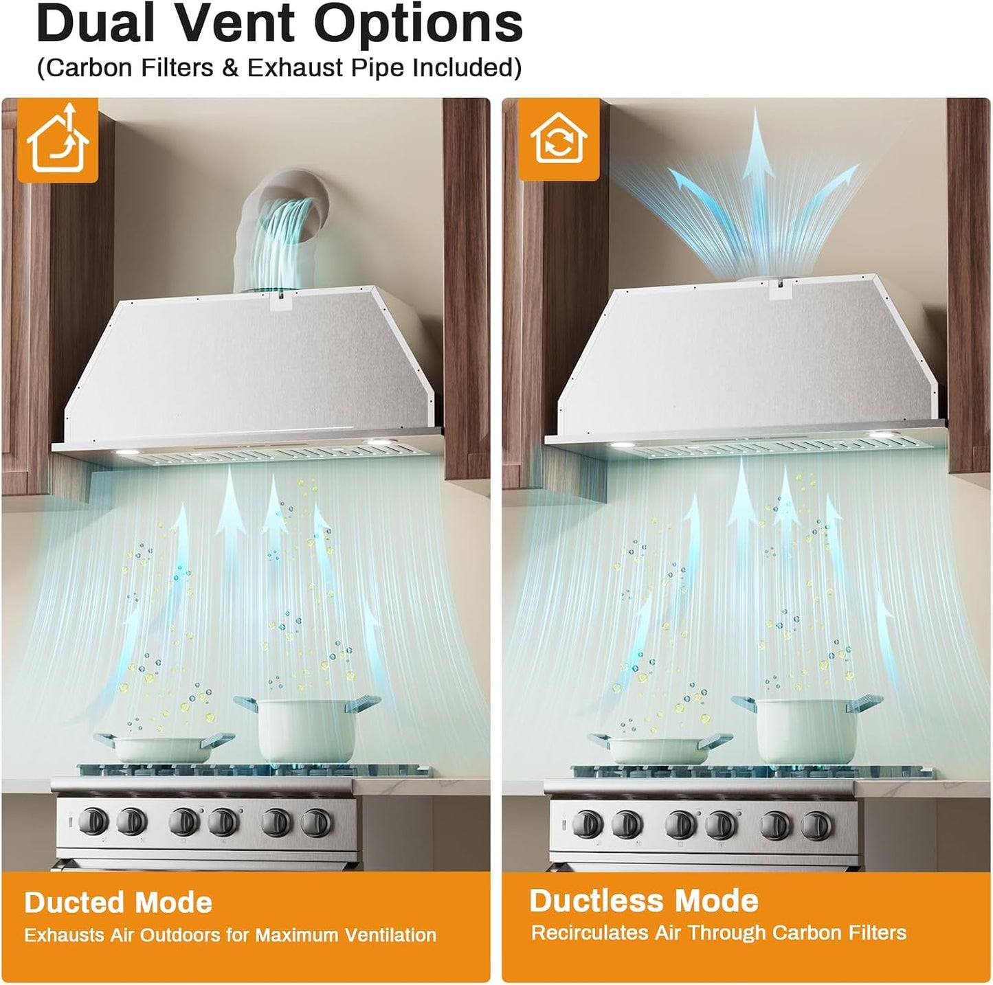(New Open Box) Soonye 30" Insert Range Hood, 600 CFM, 3 Speed Gesture Sensor Touch Control, Remote, Silver, Under Cabinet Mount
