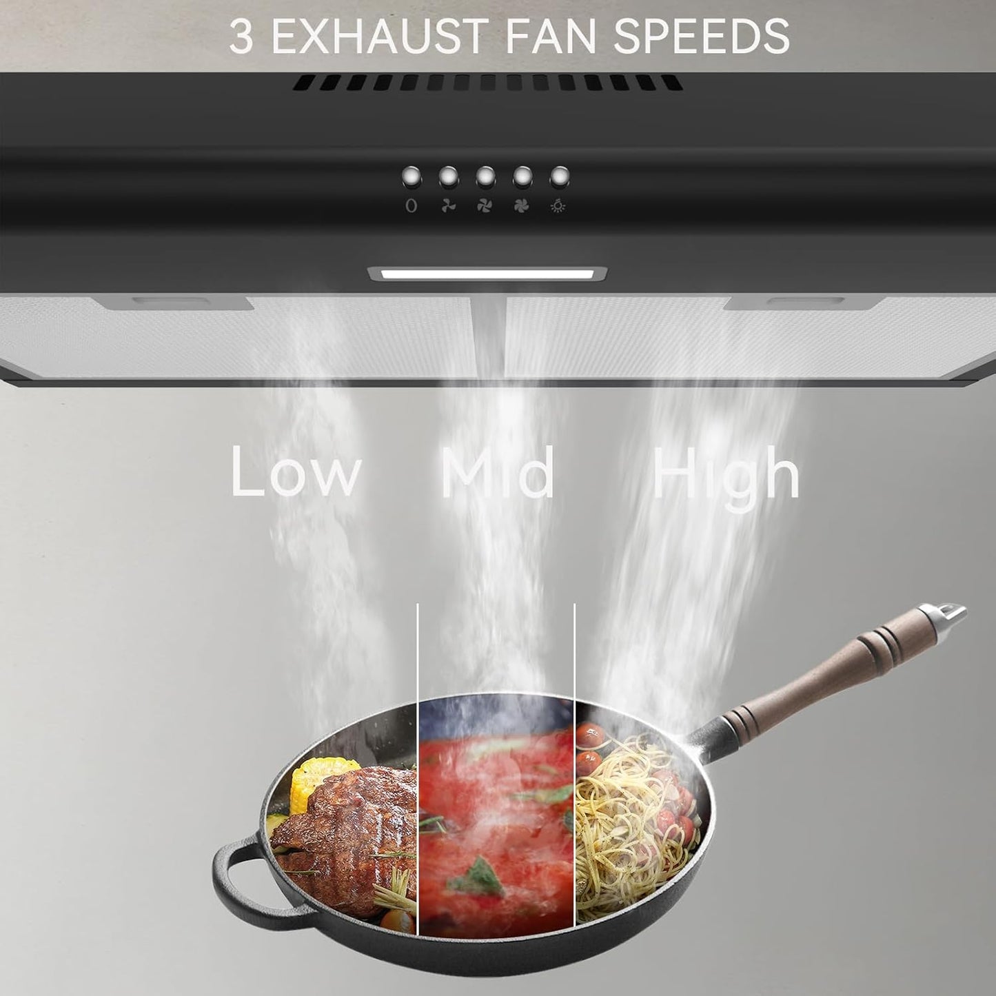 (New Open Box) Hermitlux Under Cabinet Range Hood, 30 inch Black Vent Hood With 3 Speed Exhaust Fan, Ducted And Ductless Convertible, LED Bright Light Bulbs and Charcoal Filter