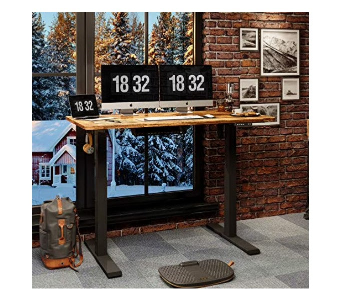 (New Open Box) FEZIBO Height Adjustable Electric Standing Desk, 55 x 24 Inches Stand up Table, Sit Stand Home Office Desk with Splice Board, Black Frame/Rustic Brown Top