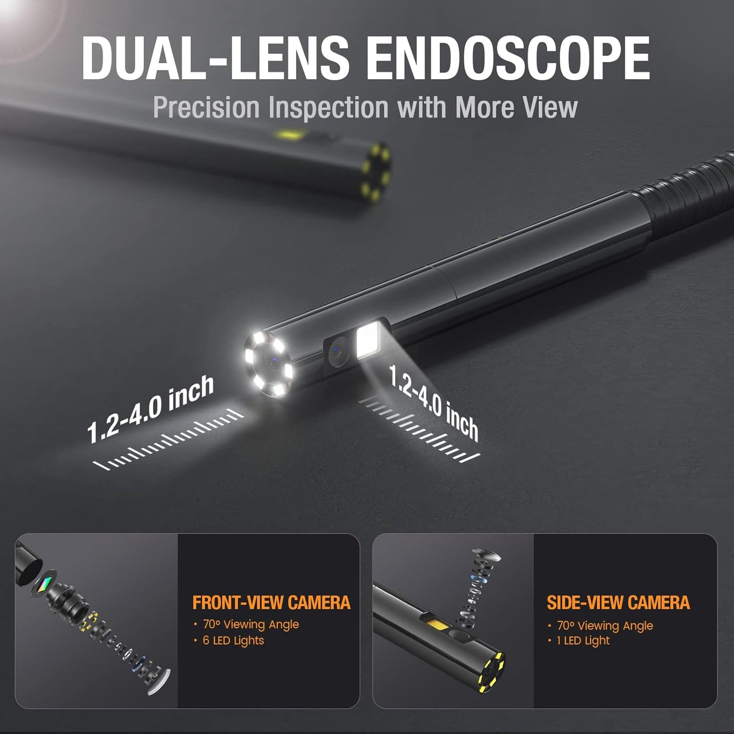 (New Open Box) Teslong NTS500 Dual Lens Endoscope with Light, 5" Monitor Industrial Borescope Waterproof Inspection Camera with 0.21in Front & Side-View Double Lens, 9.8FT Probe, 5inch IPS LCD Screen & Carrying Case