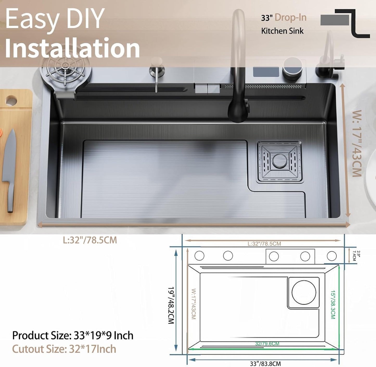 (New Open Box) Muiceon Black-Grey Nano Kitchen Sink with Waterfall 33x19x9 Inch