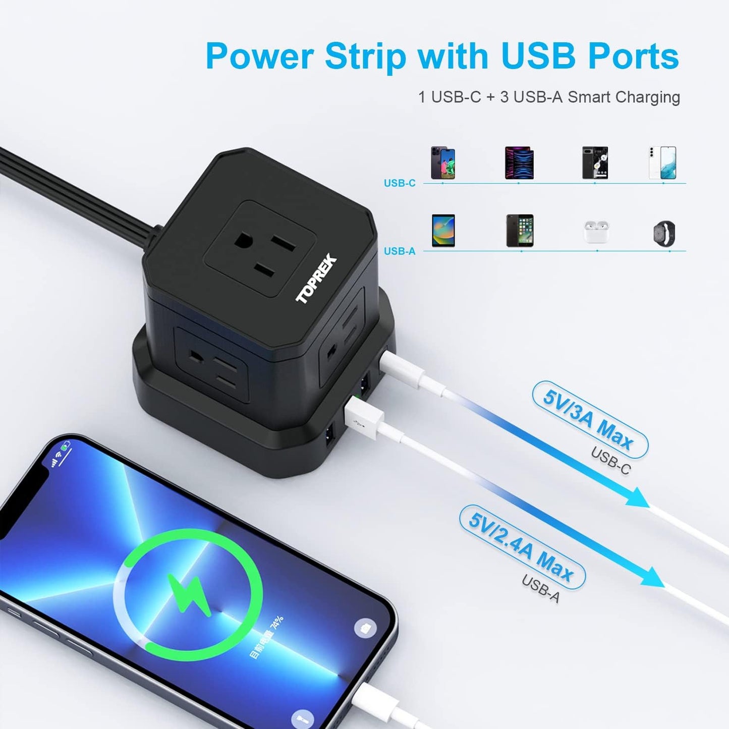 (New) TOPREK Power Strip with USB, USB C (3.0A) Power Strip with 5 Outlets