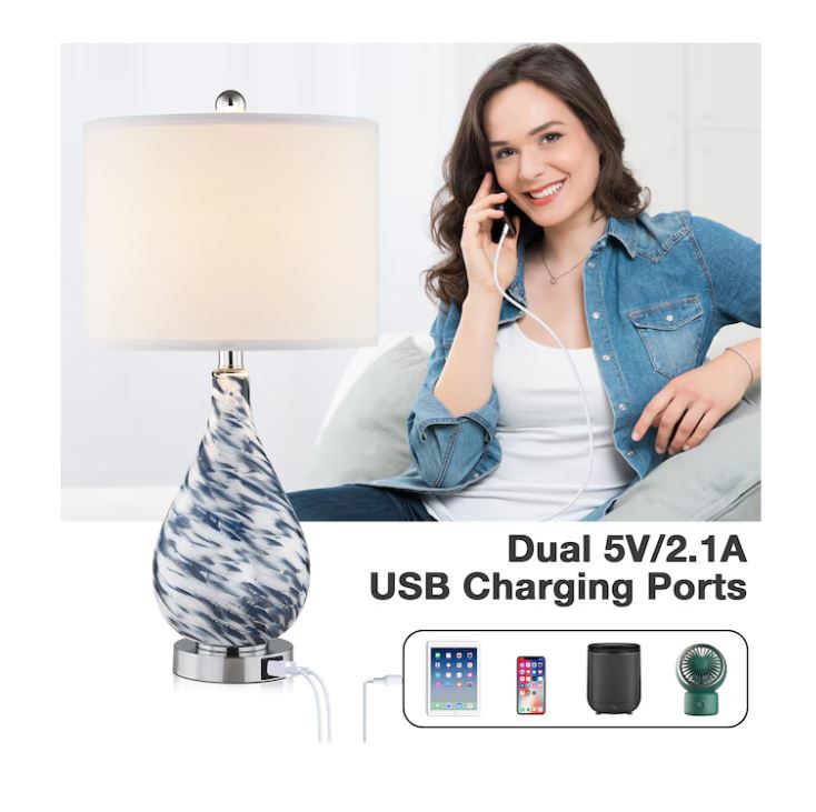 (Brand New) 24-in Blue Glass LED Touch Table Lamp | Linen Shade | TD-136