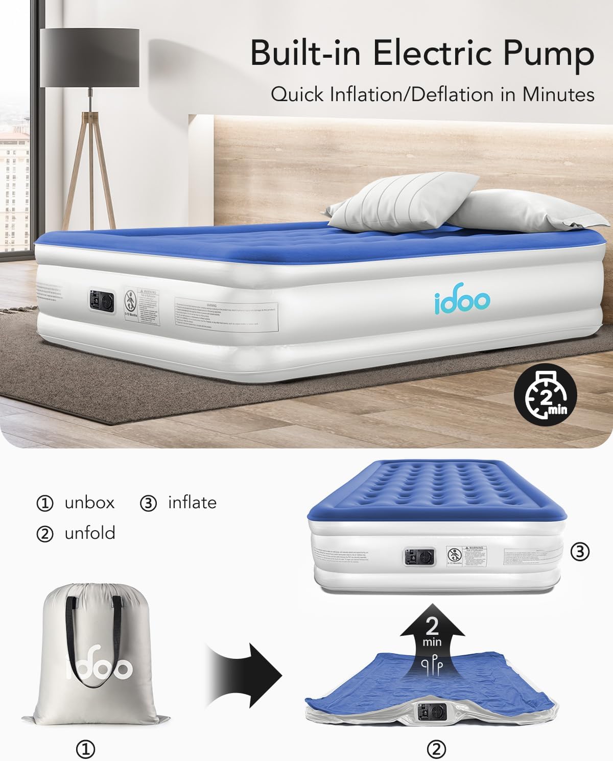 (New Open Box) iDOO Luxury Queen Air Mattress with Built in Pump, Inflatable Mattress for Camping, Guests & Home, Comfort Blow up Mattress, Durable, Portable & Waterproof Airbed, Matelas Gonflable Double