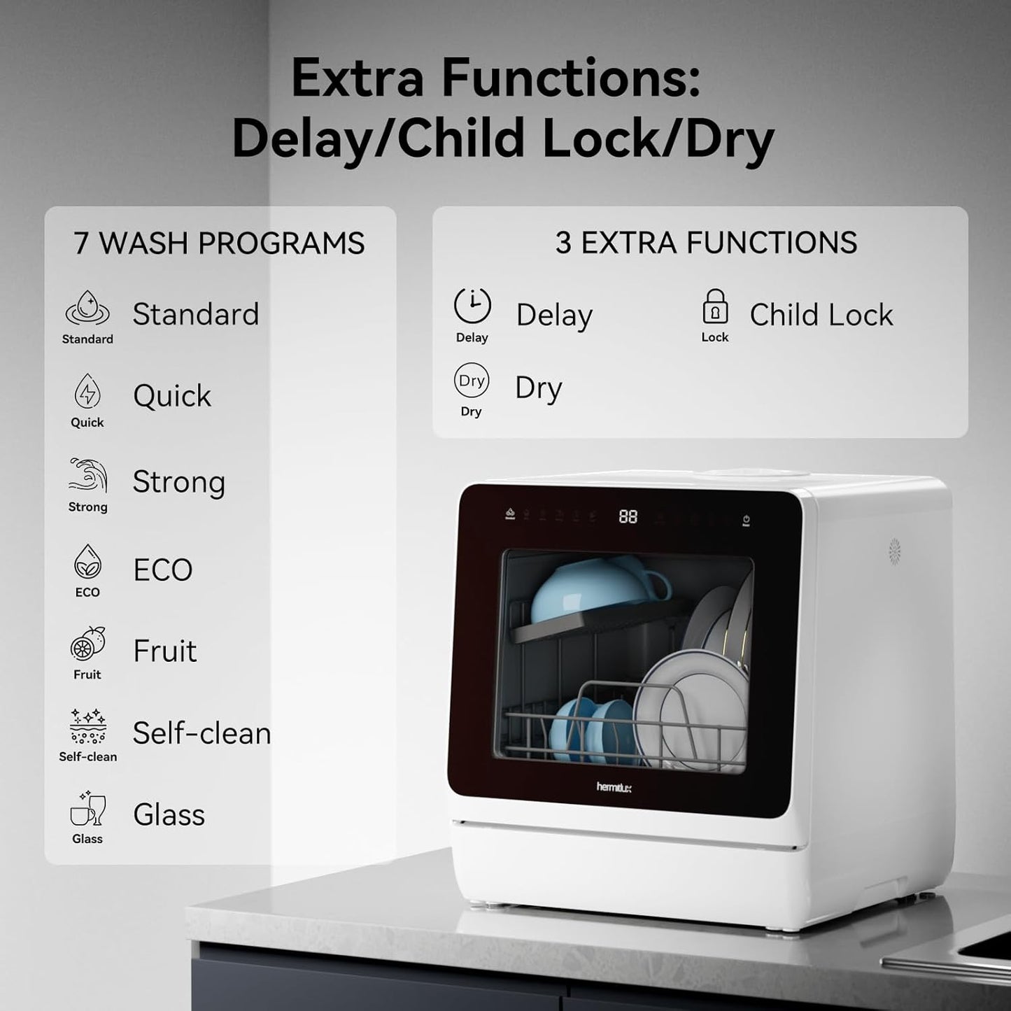 (New Open Box) Hermitlux Countertop Dishwasher, 7 Washing Programs Portable Mini Dishwasher