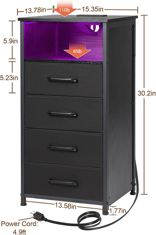 (New Open Box) LOAKEKEL Night Stand Set 2, Tall Nightstand with Charging Station for Bedroom with 4 Drawers, LED End Tables with USB Ports and Outlets, Bedside Table with Storage Shelf, Black, HNS034BK