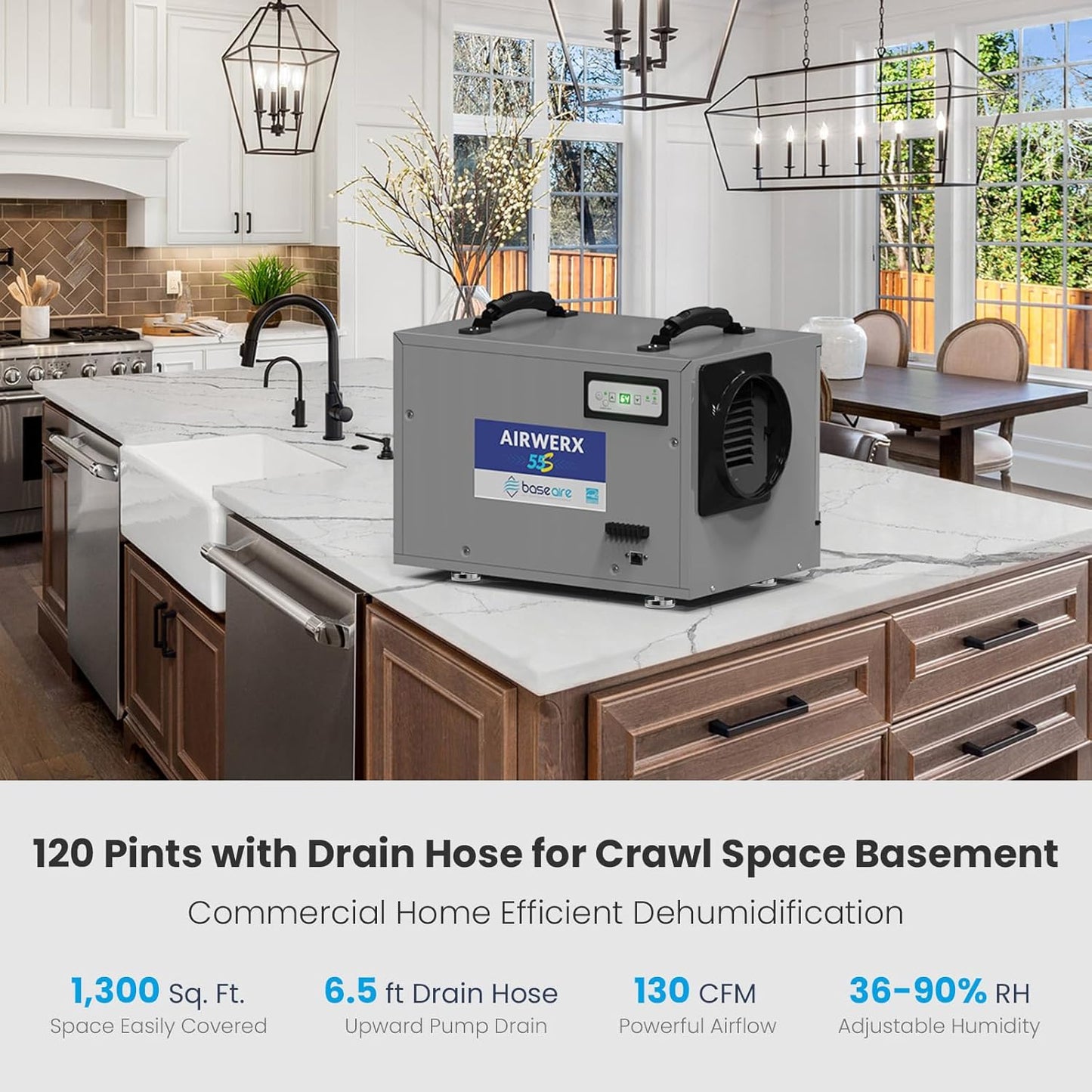 (New Open Box) BaseAire Crawlspace/Basement Dehumidifier, 120 Pints Commercial Dehumidifiers with Drain Hose, Intelligent Humidity Control, Auto Defrost,Energy Star, Portable, AirWerx55