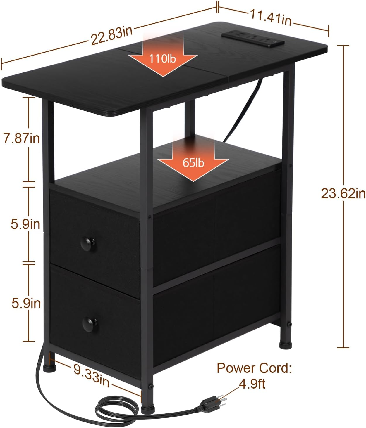 (New Open Box) AMHANCIBLE Narrow Nightstand with Charging Station, Slim End Side Table with USB Ports, HETN012BK-1