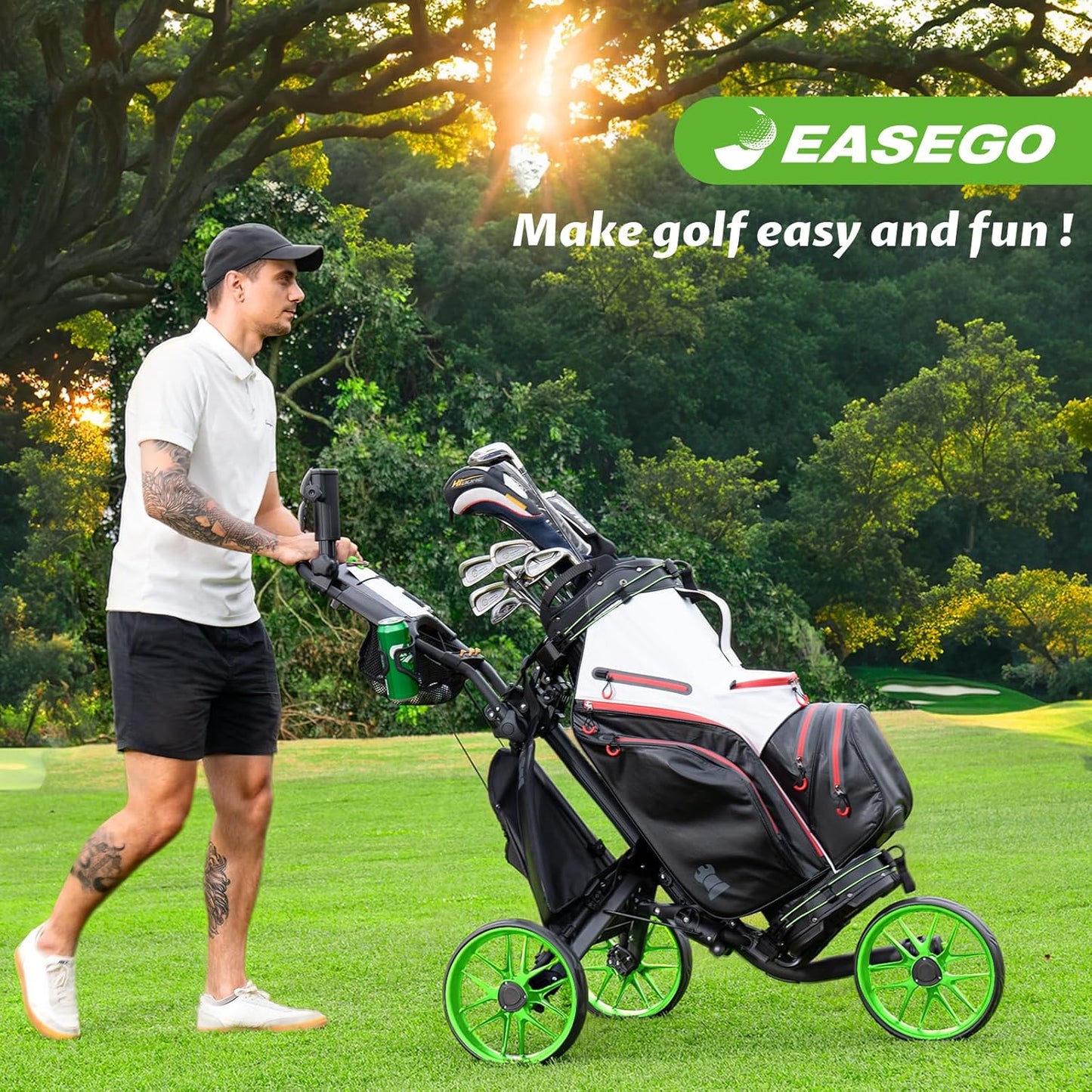 (New Open Box) EASEGO Golf Push Cart 3 Wheel : Golf Caddy Pull Cart, One Click Folding Golf Bag Cart Lightweight