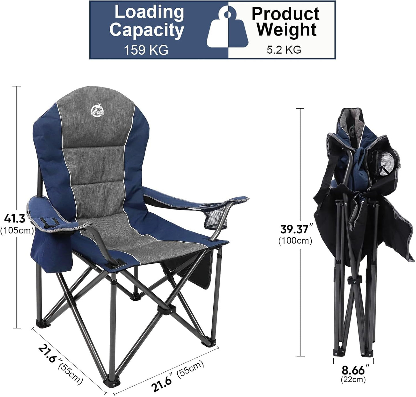 (Excellent) Northroad Extra - Large Comfort Camping Chair, Padded Folding Chair w/Cup Holder, Cooler Bag (Blue)