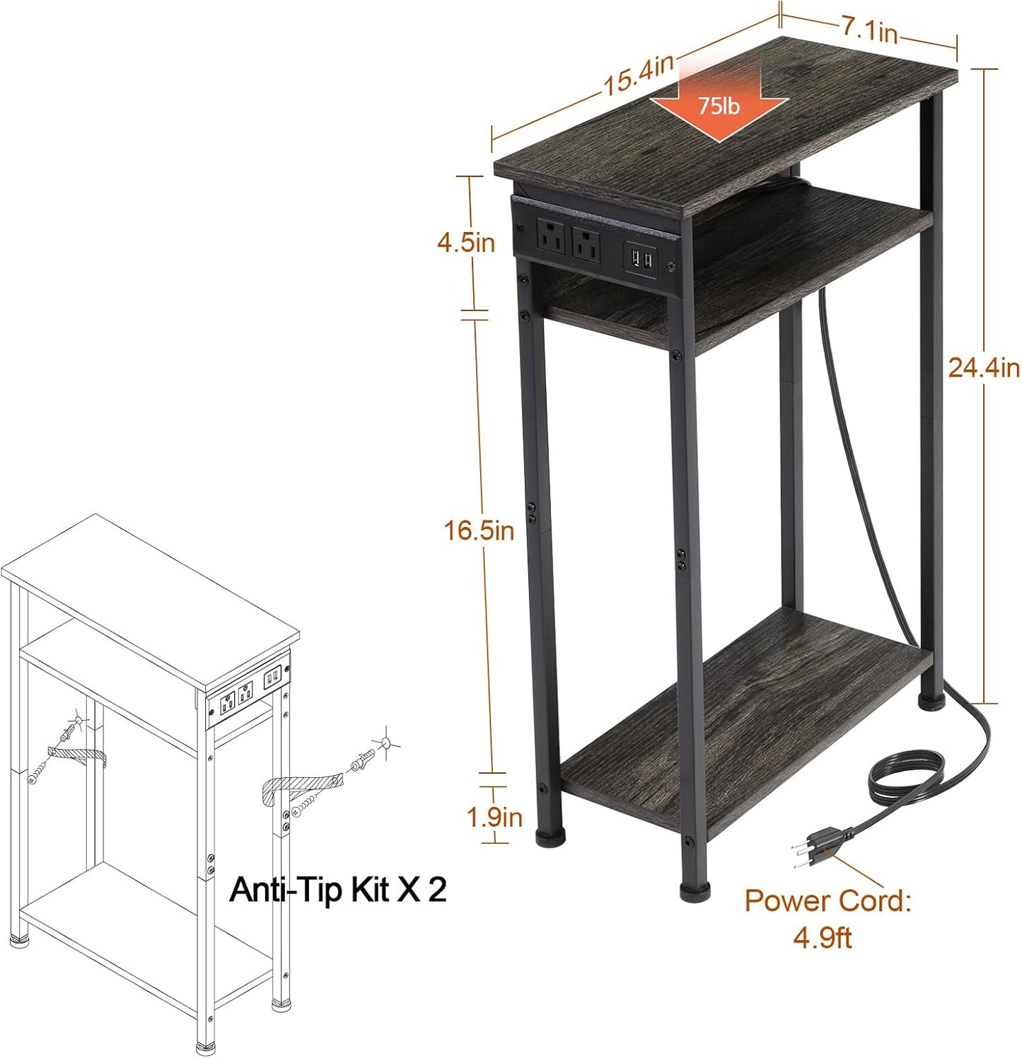 (New Open Box) AMHANCIBLE Narrow Side Table, Small End Tables for Small Spaces, 3 Tier Slim Night Stand Set 2 with Charging Station, Skinny Sofa Beside Table with Storage Shelf, Dark Grey HETN03DG