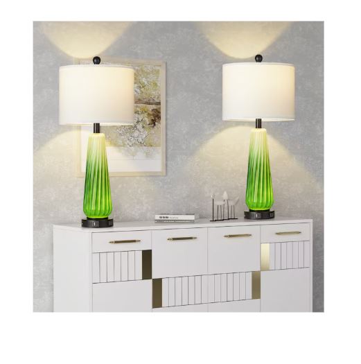(Brand New) 27.5-in Green LED Table Lamp Set of 2 | Rotary Socket • Linen Shade | TD-257