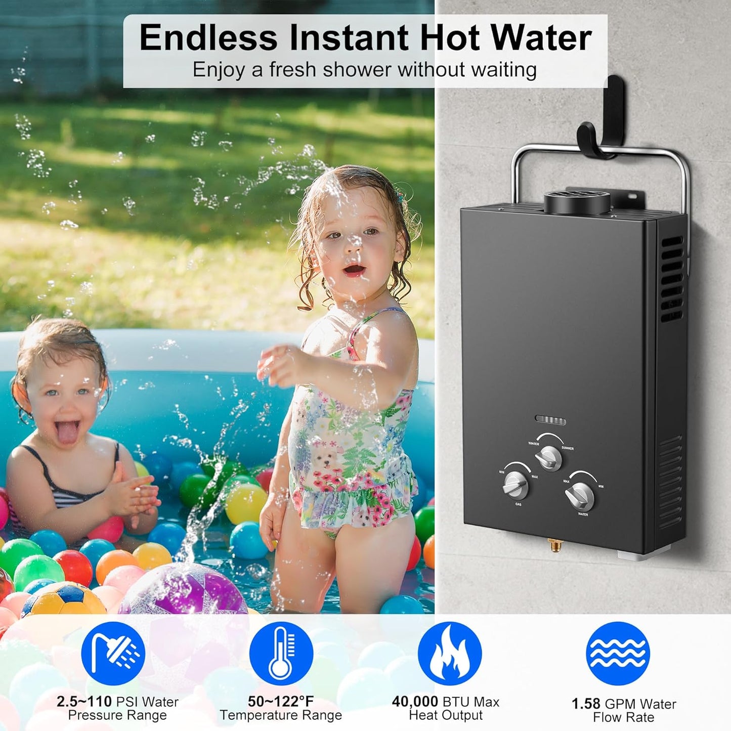 (New Open Box) Outdoor Tankless Propane Water Heater 1.58GPM 6L Portable Gas Water Heater