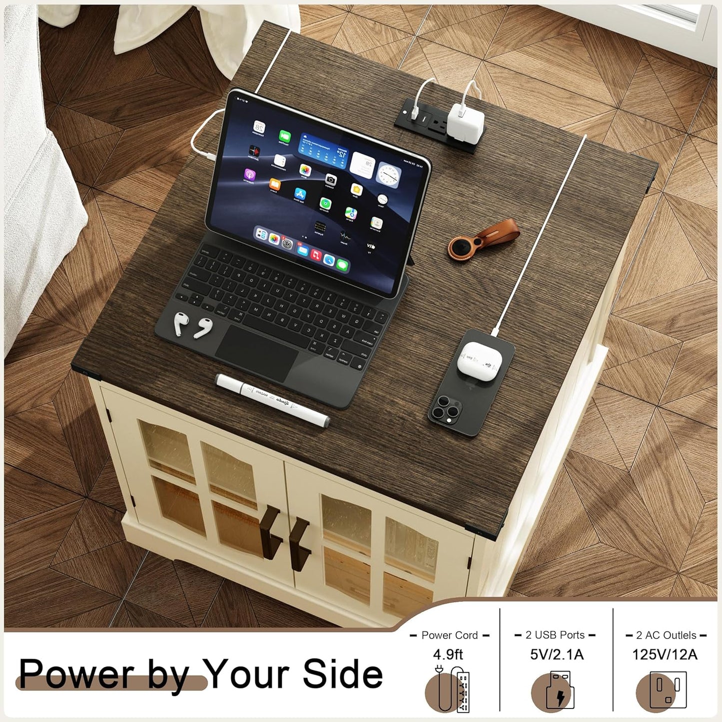 (New Open Box) ChooChoo Farmhouse End Table, 24" Large Sofa Side Table with Charging Station & LED Light, Nightstand with Adjustable Storage Shelf, Square Bedside Table for Living Room Beige (Cream Mix with White)